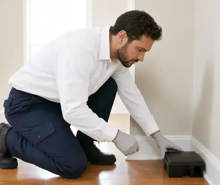 Brice Pest Control technician applying cricket treatment along a baseboard in a West Jordan, UT home